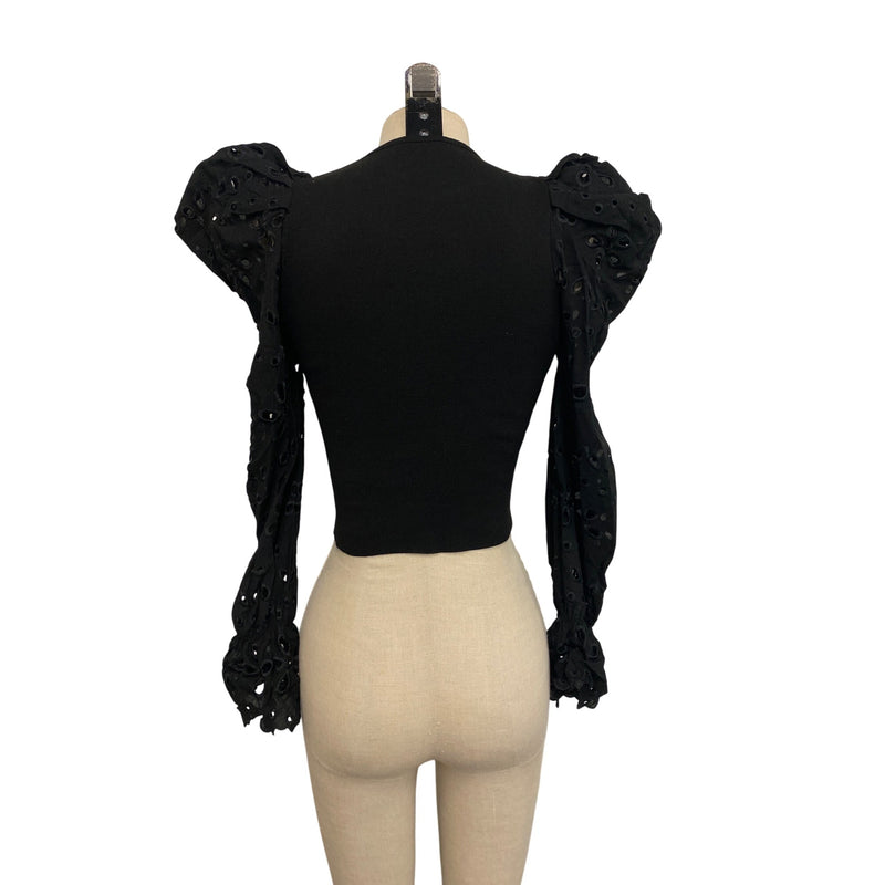 Zara Black Puff Sleeve Cropped Top With Eyelet Detail S
