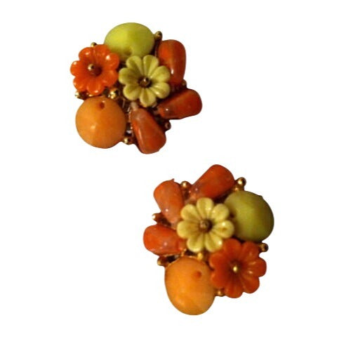 Vintage Belini Clip-On Earrings Floral Design Orange Yellow Beads Gold-Tone 1950s-60s Flowers Jewelry