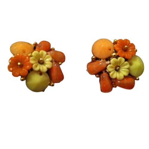 Vintage Belini Clip-On Earrings Floral Design Orange Yellow Beads Gold-Tone 1950s-60s Flowers Jewelry