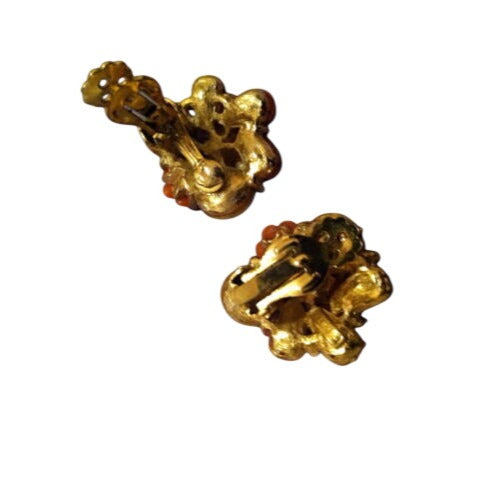 Vintage Belini Clip-On Earrings Floral Design Orange Yellow Beads Gold-Tone 1950s-60s Flowers Jewelry
