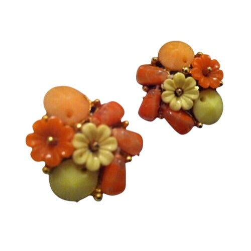 Vintage Belini Clip-On Earrings Floral Design Orange Yellow Beads Gold-Tone 1950s-60s Flowers Jewelry