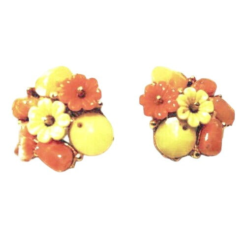 Vintage Belini Clip-On Earrings Floral Design Orange Yellow Beads Gold-Tone 1950s-60s Flowers Jewelry