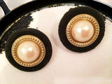 Black Suede Golden Pearl Clip on Earrings