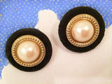 Black Suede Golden Pearl Clip on Earrings