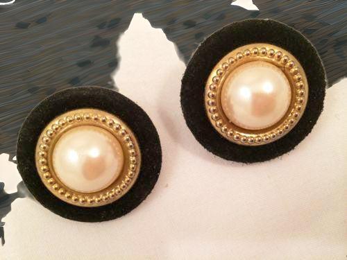 Black Suede Golden Pearl Clip on Earrings
