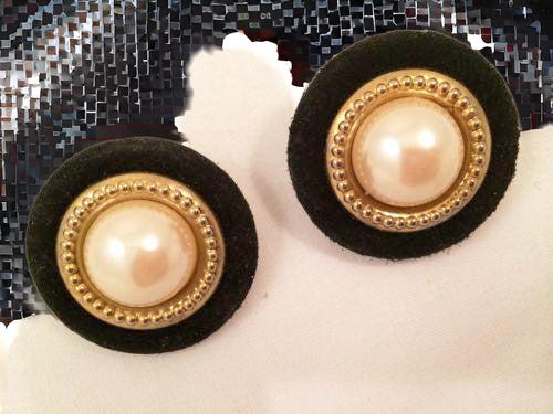 Black Suede Golden Pearl Clip on Earrings