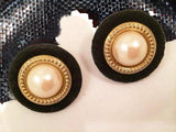 Black Suede Golden Pearl Clip on Earrings