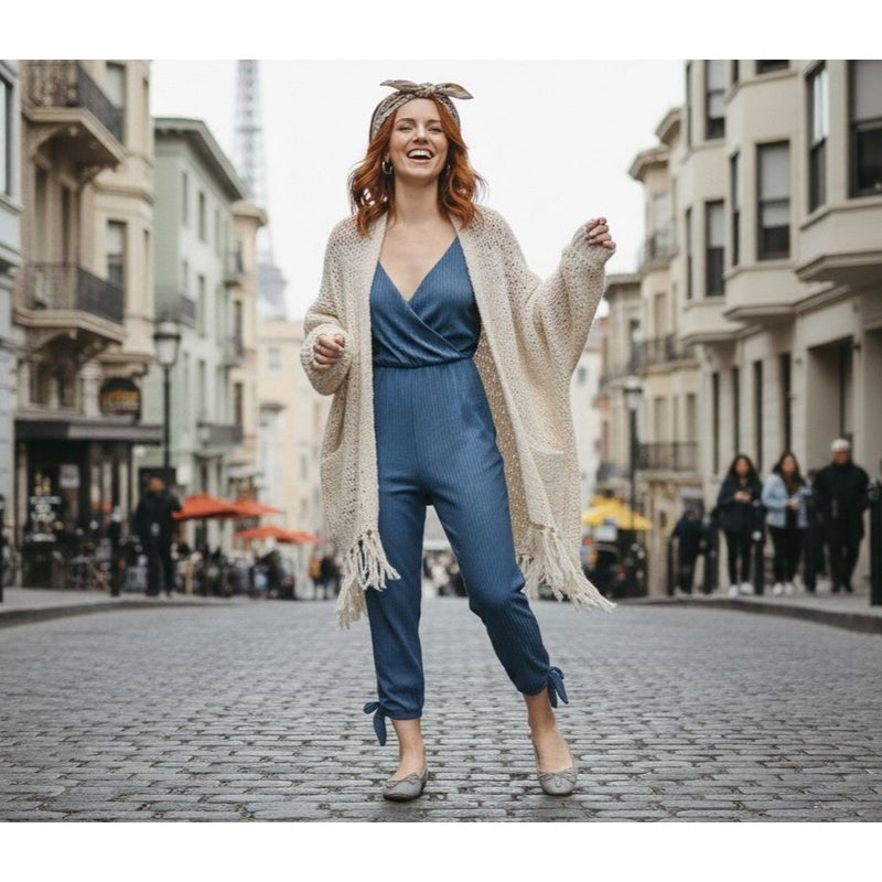 Womens Blue Striped Sleeveless Jumpsuit With Tie Hem & V-Neckline