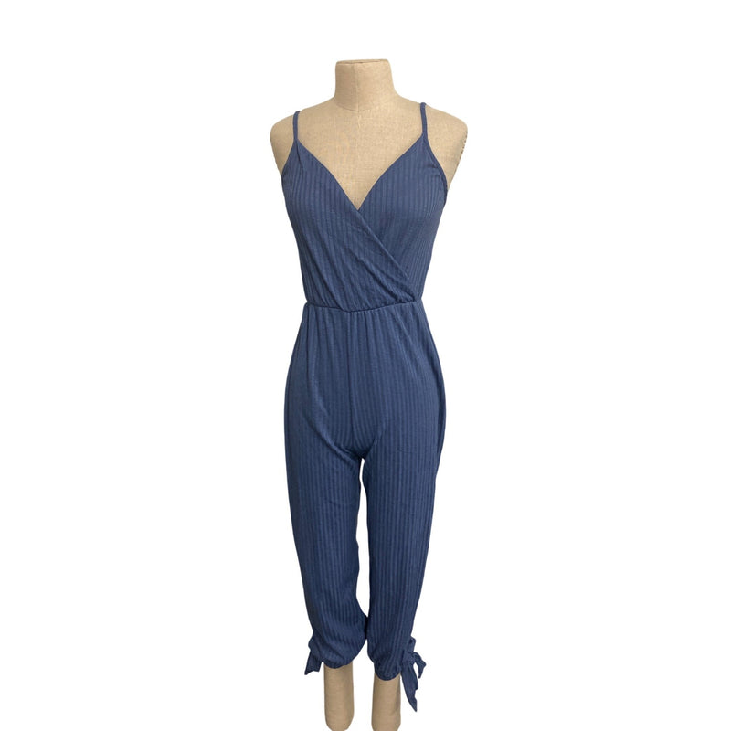 Womens Blue Striped Sleeveless Jumpsuit With Tie Hem & V-Neckline