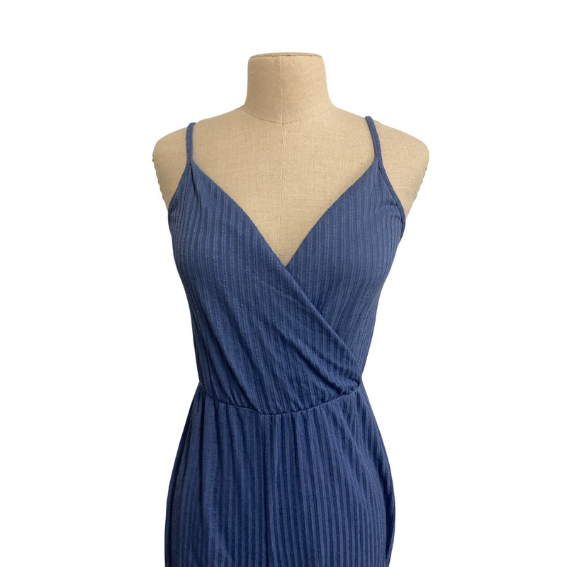 Womens Blue Striped Sleeveless Jumpsuit With Tie Hem & V-Neckline