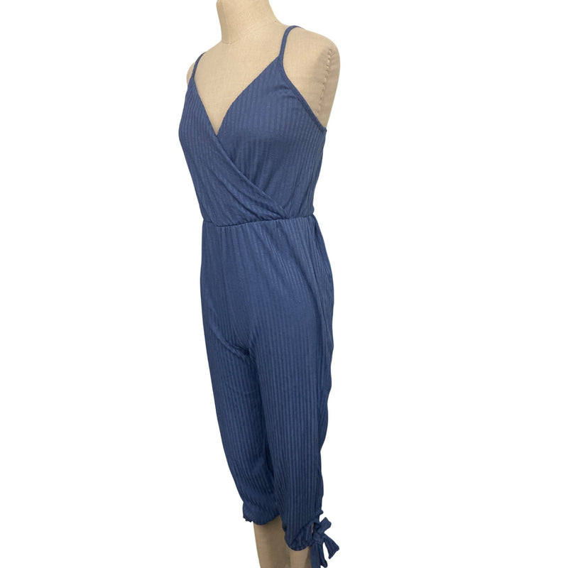 Womens Blue Striped Sleeveless Jumpsuit With Tie Hem & V-Neckline