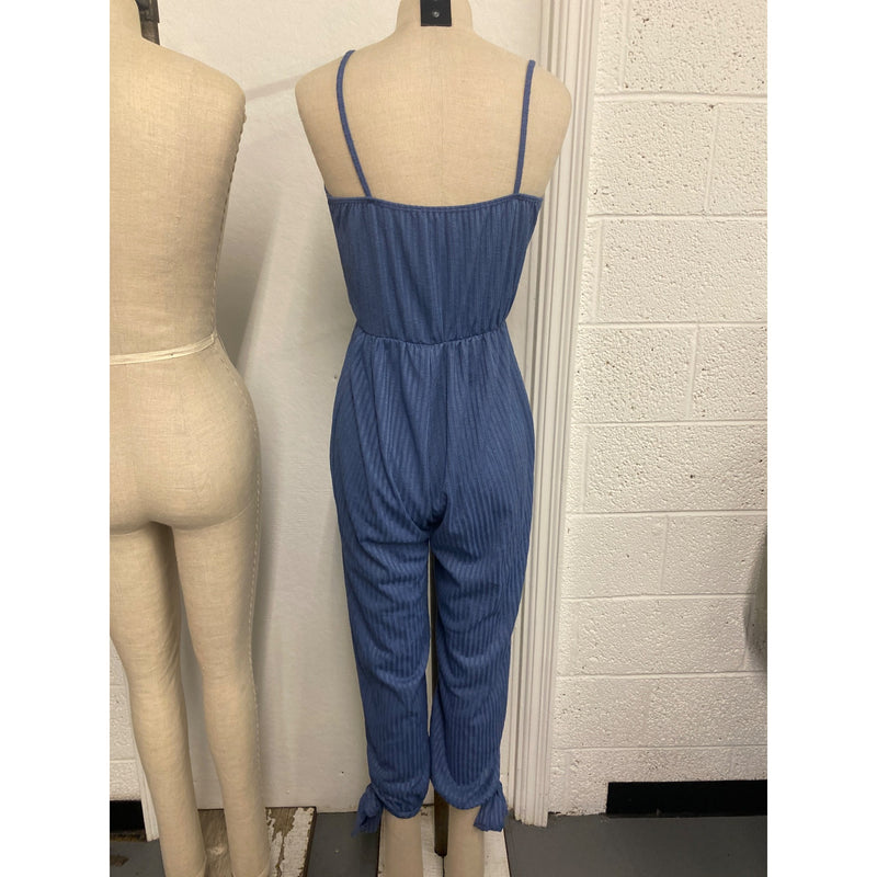 Womens Blue Striped Sleeveless Jumpsuit With Tie Hem & V-Neckline