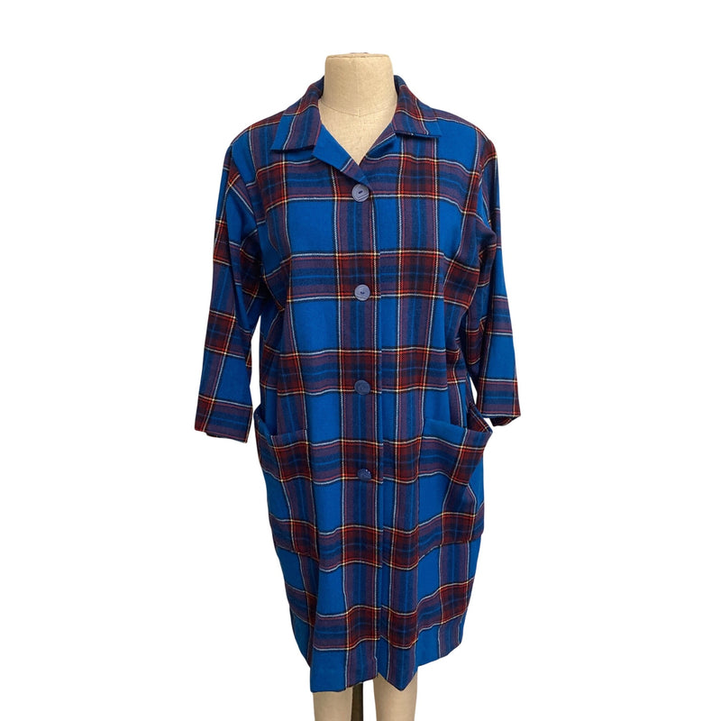Vintage Handmade Blue and Red Plaid Button-Up Oversized Shirt Dress With Pockets 3/4 Sleeves