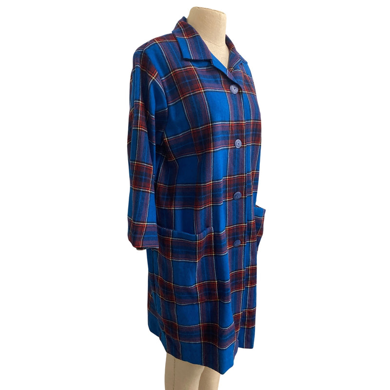 Vintage Handmade Blue and Red Plaid Button-Up Oversized Shirt Dress With Pockets 3/4 Sleeves