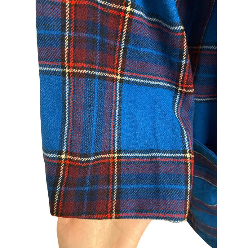 Vintage Handmade Blue and Red Plaid Button-Up Oversized Shirt Dress With Pockets 3/4 Sleeves