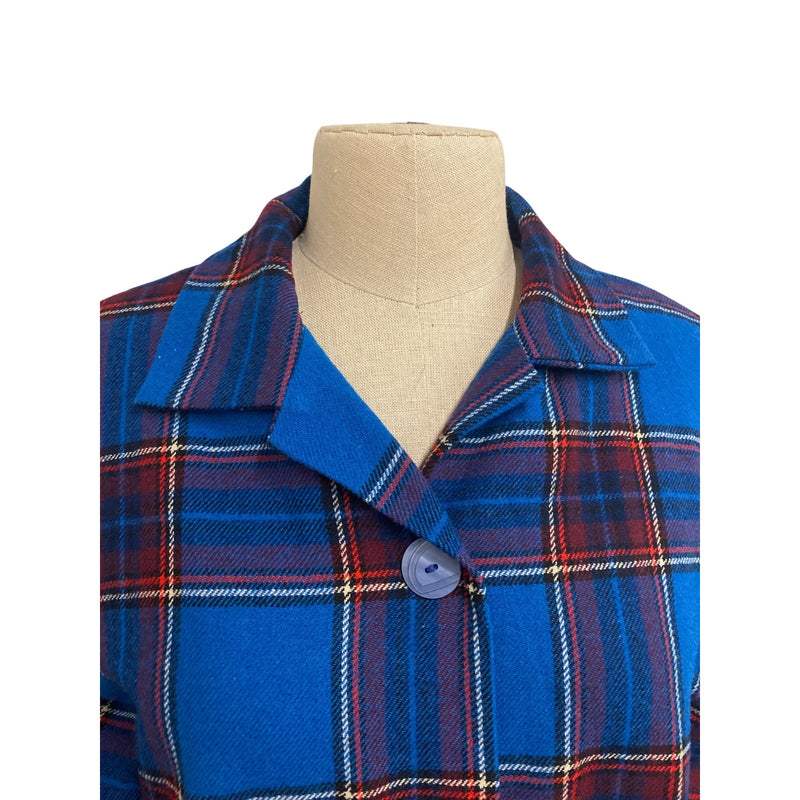 Vintage Handmade Blue and Red Plaid Button-Up Oversized Shirt Dress With Pockets 3/4 Sleeves
