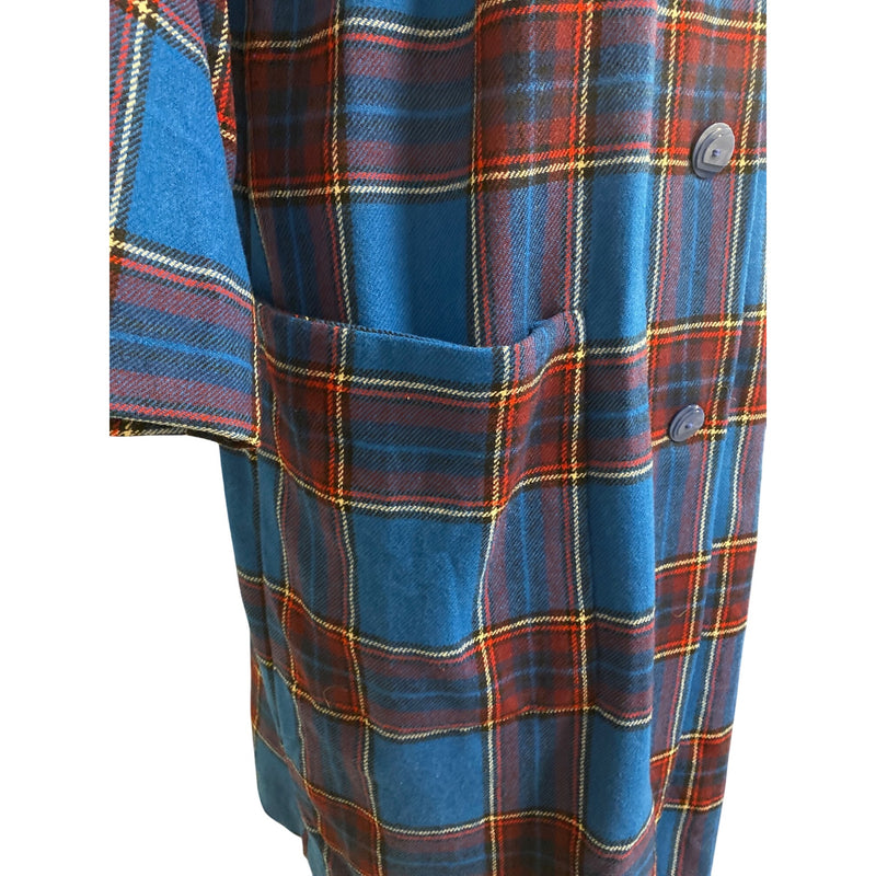 Vintage Handmade Blue and Red Plaid Button-Up Oversized Shirt Dress With Pockets 3/4 Sleeves