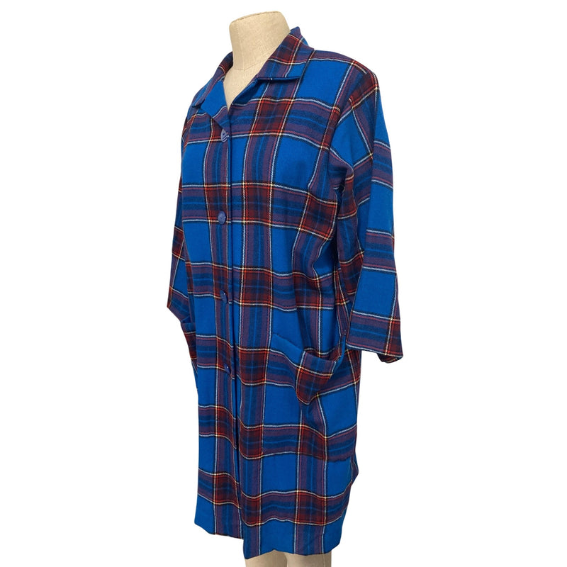 Vintage Handmade Blue and Red Plaid Button-Up Oversized Shirt Dress With Pockets 3/4 Sleeves