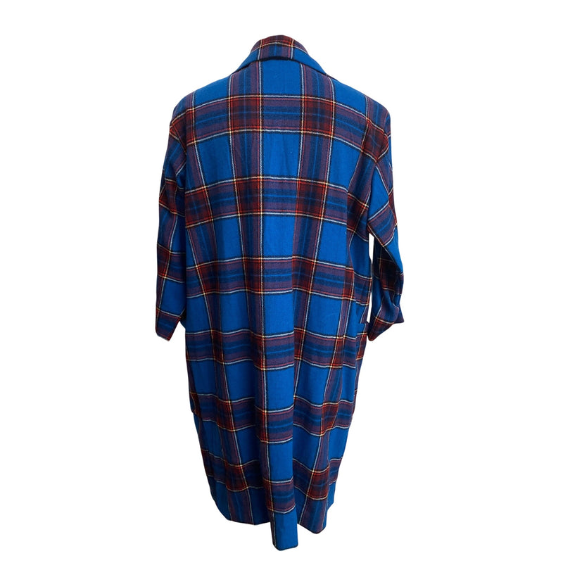 Vintage Handmade Blue and Red Plaid Button-Up Oversized Shirt Dress With Pockets 3/4 Sleeves