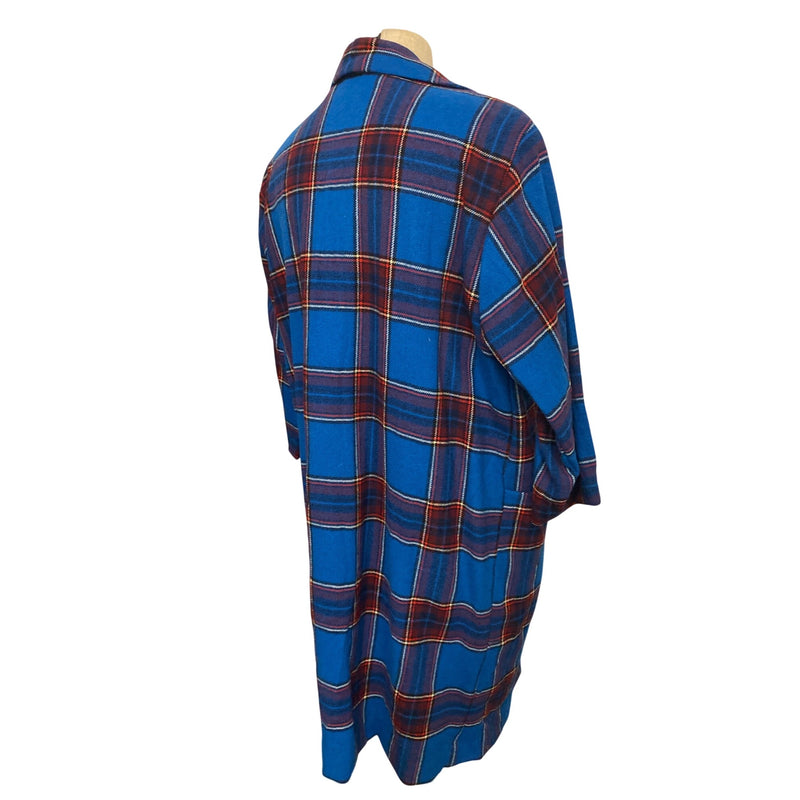 Vintage Handmade Blue and Red Plaid Button-Up Oversized Shirt Dress With Pockets 3/4 Sleeves