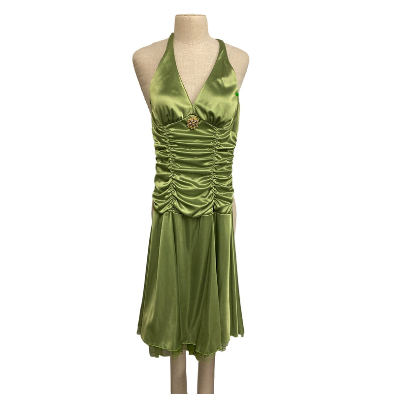 Ruby Rox Lime Green Satin Halter Dress With Brooch Detail