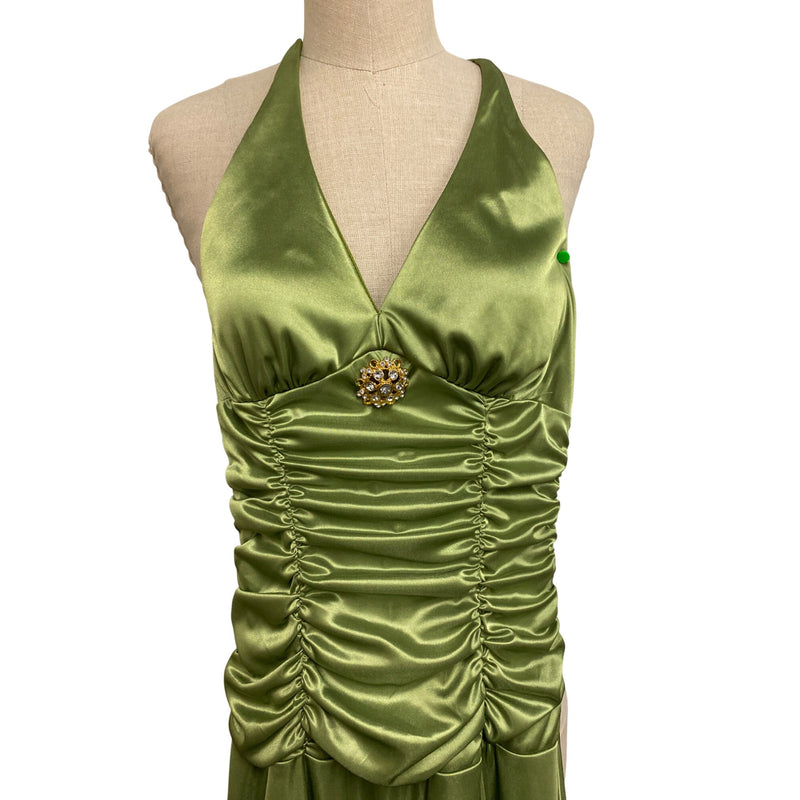 Ruby Rox Lime Green Satin Halter Dress With Brooch Detail