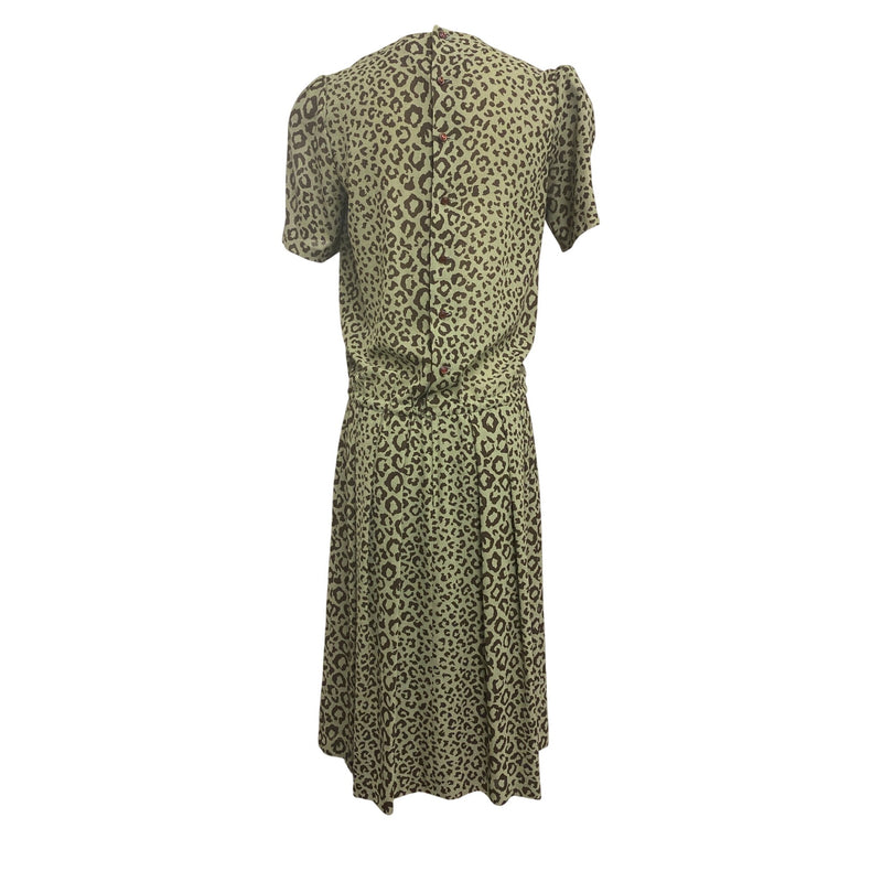Vintage Bon Cilie Leopard Print Dress With Waist Tie and Puff Sleeves Size 9 Polyester 100% Made In Japan