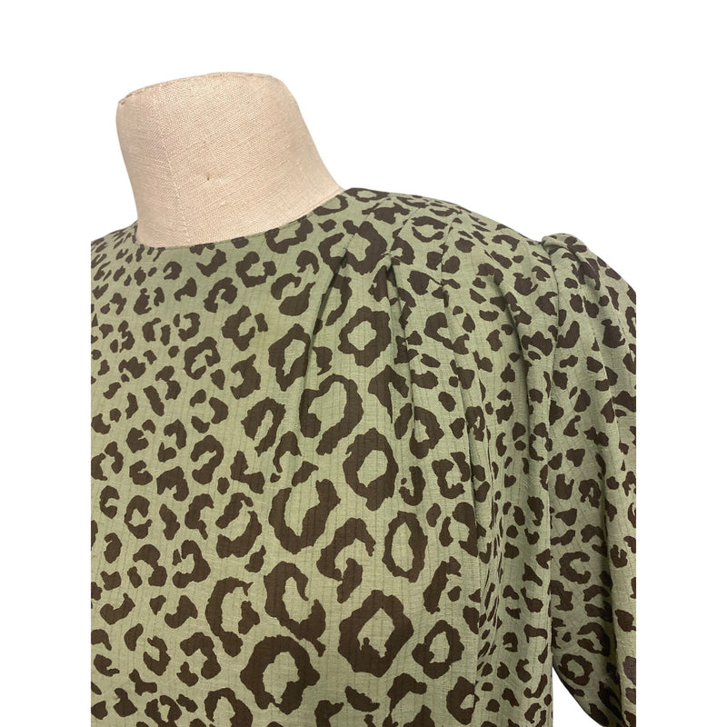 Vintage Bon Cilie Leopard Print Dress With Waist Tie and Puff Sleeves Size 9 Polyester 100% Made In Japan