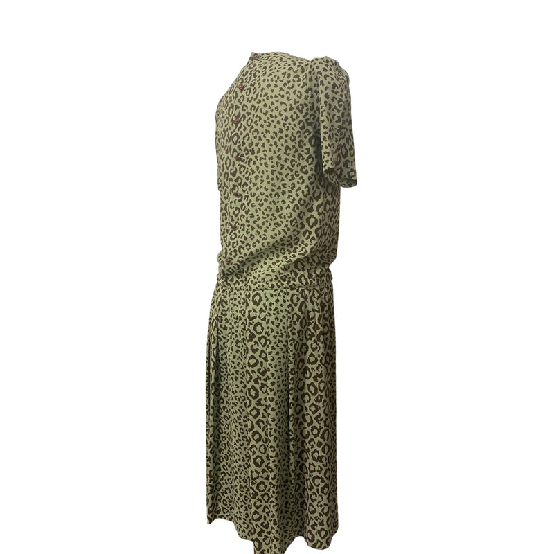 Vintage Bon Cilie Leopard Print Dress With Waist Tie and Puff Sleeves Size 9 Polyester 100% Made In Japan