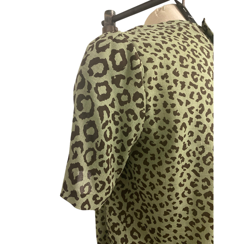 Vintage Bon Cilie Leopard Print Dress With Waist Tie and Puff Sleeves Size 9 Polyester 100% Made In Japan