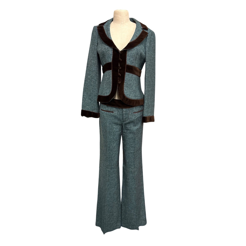 Vintage Nanette Lepore Y2K Suit 3-Piece Set Jacket Pants Skirt Blue Tweed Wool Brown Velvet Trim Suit Fundraiser for Sustainable Fashion