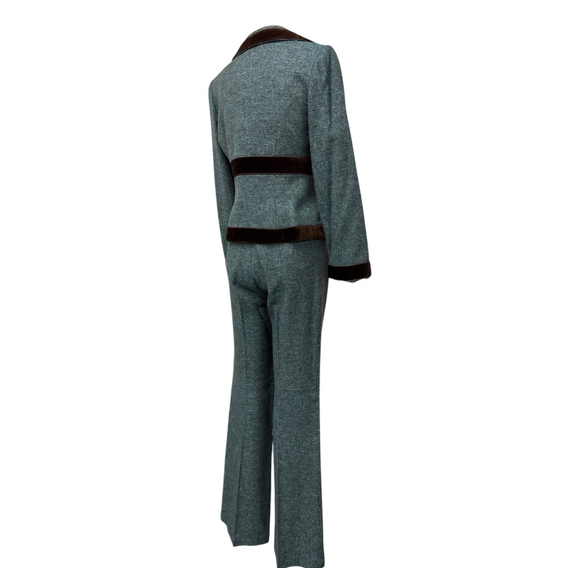 Vintage Nanette Lepore Y2K Suit 3-Piece Set Jacket Pants Skirt Blue Tweed Wool Brown Velvet Trim Suit Fundraiser for Sustainable Fashion