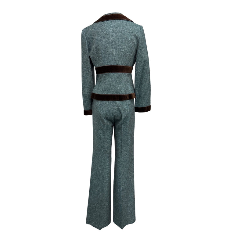 Vintage Nanette Lepore Y2K Suit 3-Piece Set Jacket Pants Skirt Blue Tweed Wool Brown Velvet Trim Suit Fundraiser for Sustainable Fashion