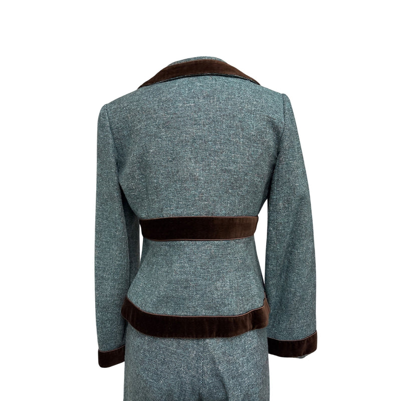 Vintage Nanette Lepore Y2K Suit 3-Piece Set Jacket Pants Skirt Blue Tweed Wool Brown Velvet Trim Suit Fundraiser for Sustainable Fashion