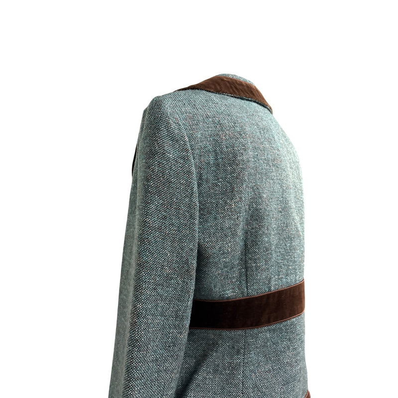 Vintage Nanette Lepore Y2K Suit 3-Piece Set Jacket Pants Skirt Blue Tweed Wool Brown Velvet Trim Suit Fundraiser for Sustainable Fashion