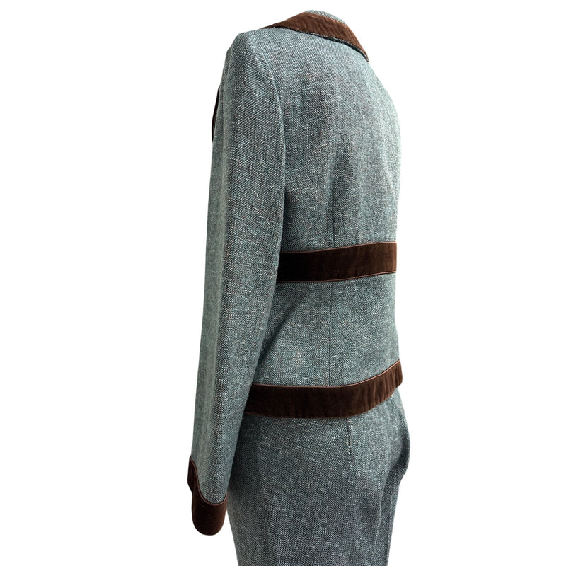 Vintage Nanette Lepore Y2K Suit 3-Piece Set Jacket Pants Skirt Blue Tweed Wool Brown Velvet Trim Suit Fundraiser for Sustainable Fashion