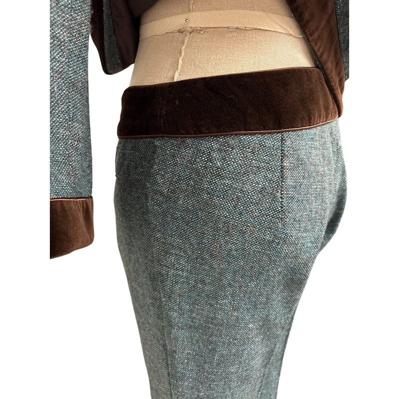 Vintage Nanette Lepore Y2K Suit 3-Piece Set Jacket Pants Skirt Blue Tweed Wool Brown Velvet Trim Suit Fundraiser for Sustainable Fashion