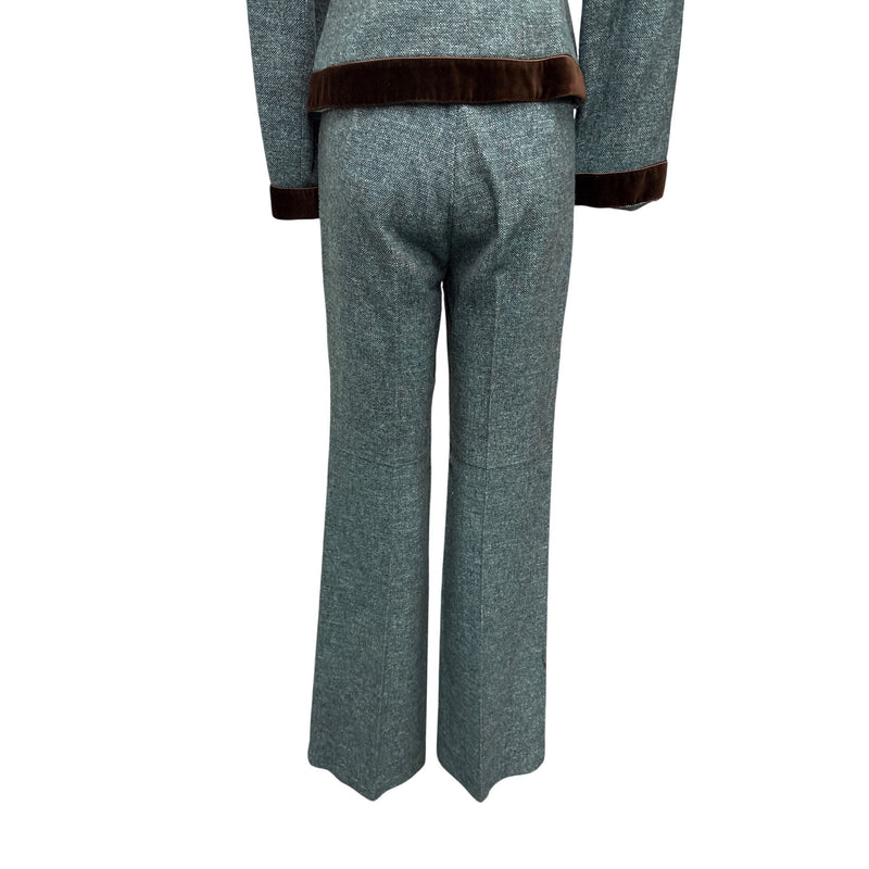 Vintage Nanette Lepore Y2K Suit 3-Piece Set Jacket Pants Skirt Blue Tweed Wool Brown Velvet Trim Suit Fundraiser for Sustainable Fashion