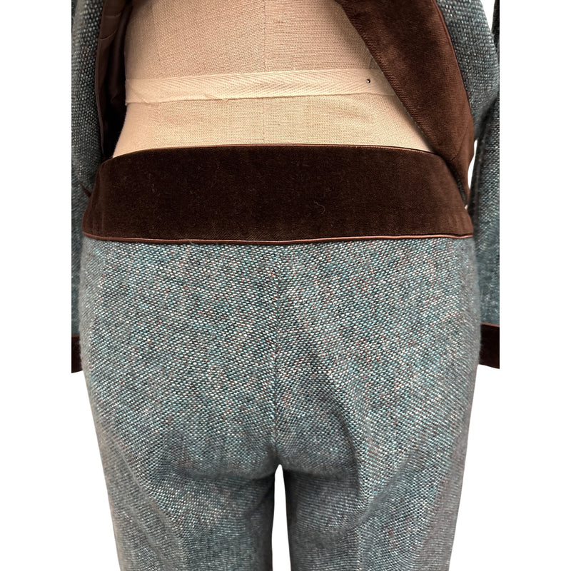 Vintage Nanette Lepore Y2K Suit 3-Piece Set Jacket Pants Skirt Blue Tweed Wool Brown Velvet Trim Suit Fundraiser for Sustainable Fashion