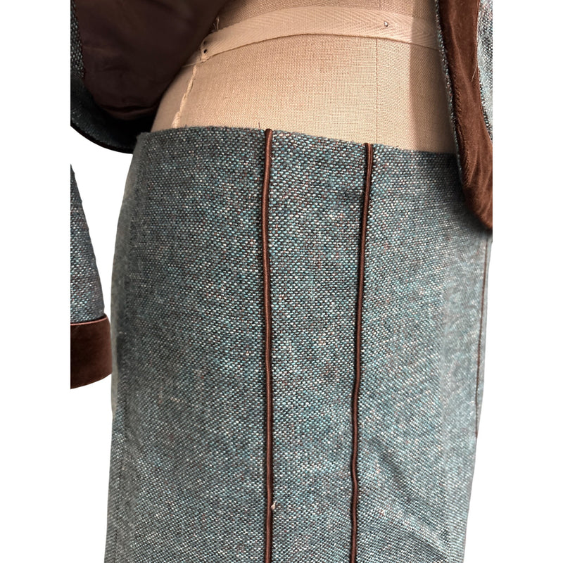 Vintage Nanette Lepore Y2K Suit 3-Piece Set Jacket Pants Skirt Blue Tweed Wool Brown Velvet Trim Suit Fundraiser for Sustainable Fashion