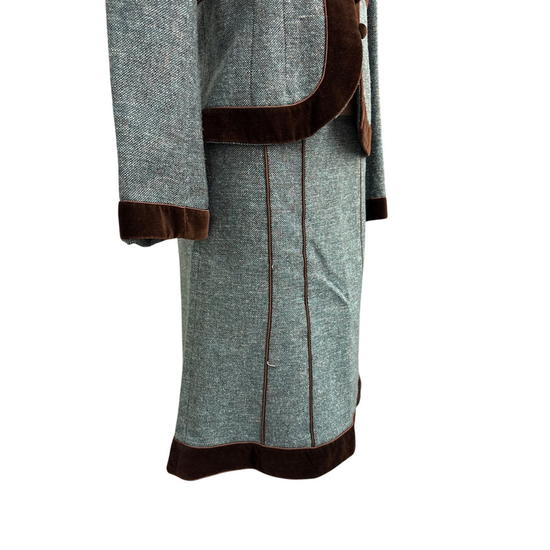 Vintage Nanette Lepore Y2K Suit 3-Piece Set Jacket Pants Skirt Blue Tweed Wool Brown Velvet Trim Suit Fundraiser for Sustainable Fashion