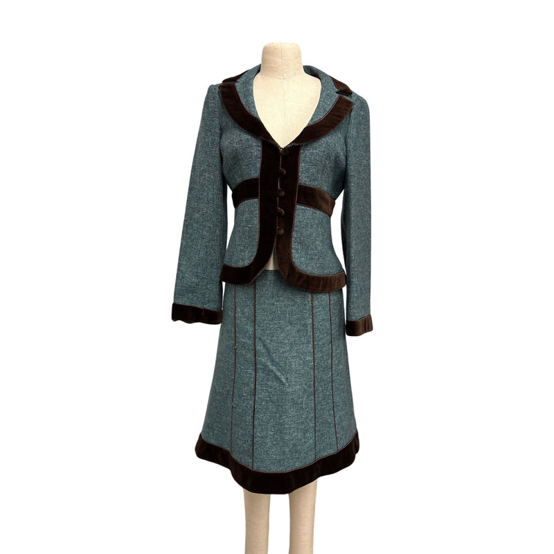 Vintage Nanette Lepore Y2K Suit 3-Piece Set Jacket Pants Skirt Blue Tweed Wool Brown Velvet Trim Suit Fundraiser for Sustainable Fashion