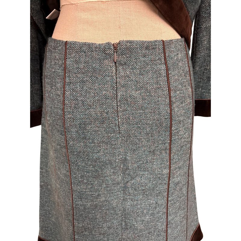 Vintage Nanette Lepore Y2K Suit 3-Piece Set Jacket Pants Skirt Blue Tweed Wool Brown Velvet Trim Suit Fundraiser for Sustainable Fashion