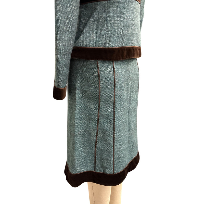 Vintage Nanette Lepore Y2K Suit 3-Piece Set Jacket Pants Skirt Blue Tweed Wool Brown Velvet Trim Suit Fundraiser for Sustainable Fashion