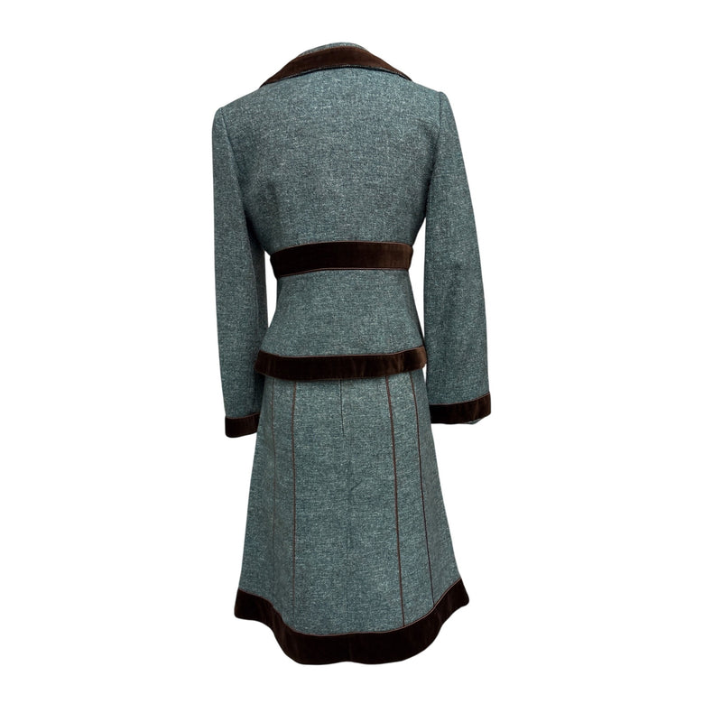 Vintage Nanette Lepore Y2K Suit 3-Piece Set Jacket Pants Skirt Blue Tweed Wool Brown Velvet Trim Suit Fundraiser for Sustainable Fashion