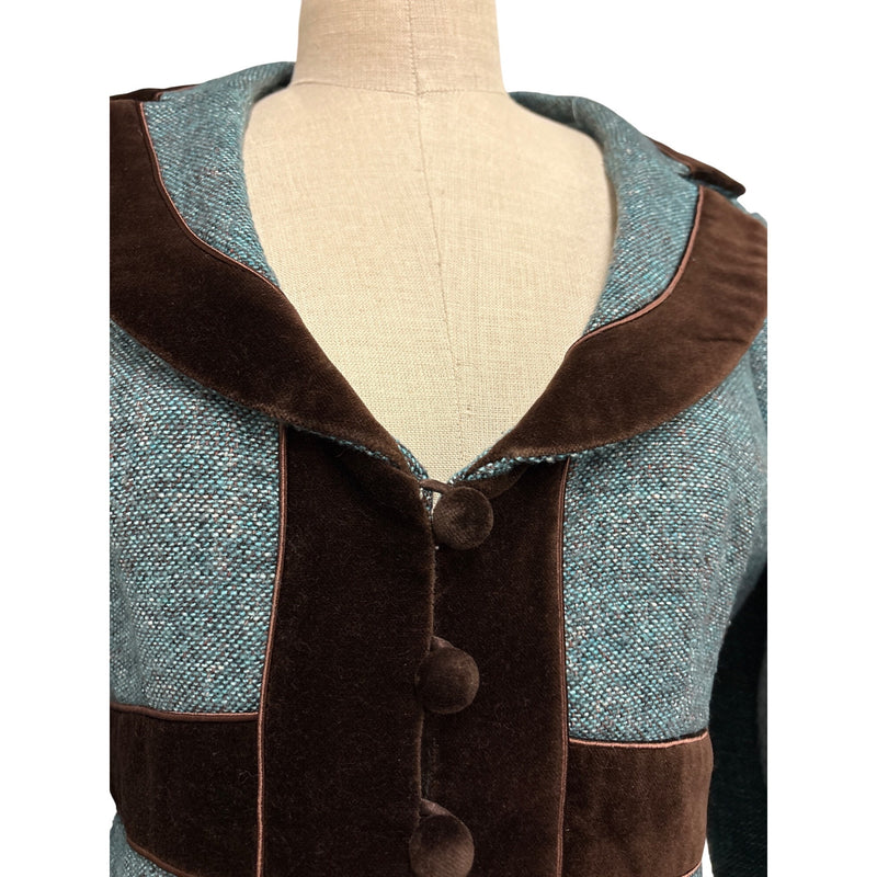 Vintage Nanette Lepore Y2K Suit 3-Piece Set Jacket Pants Skirt Blue Tweed Wool Brown Velvet Trim Suit Fundraiser for Sustainable Fashion