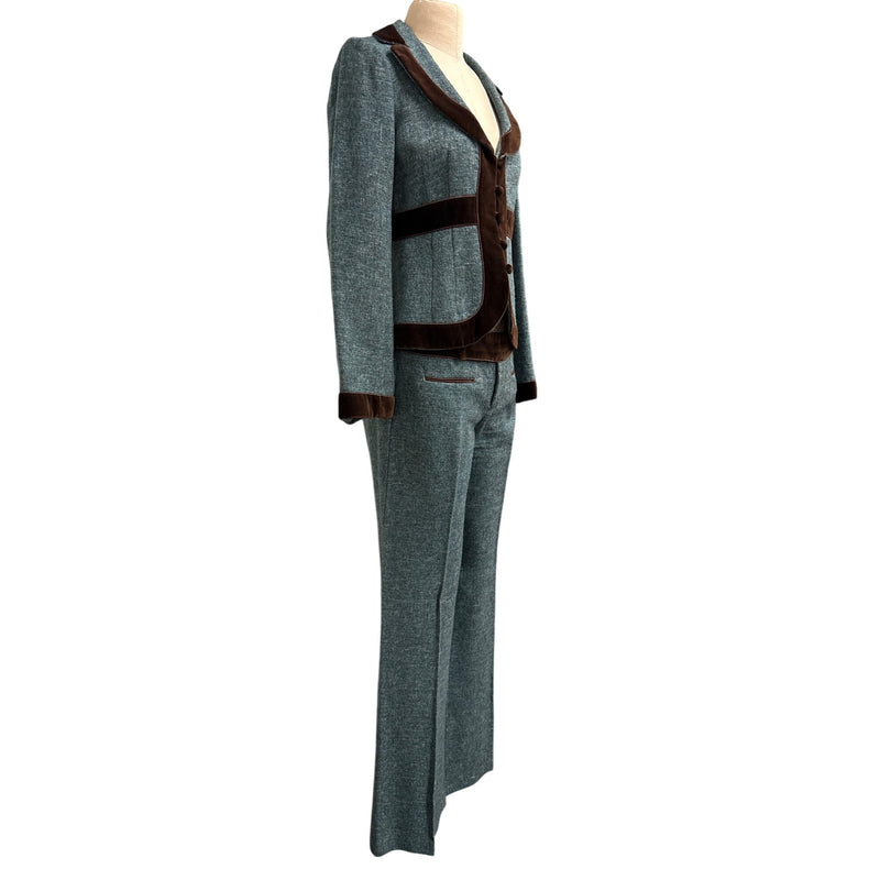 Vintage Nanette Lepore Y2K Suit 3-Piece Set Jacket Pants Skirt Blue Tweed Wool Brown Velvet Trim Suit Fundraiser for Sustainable Fashion