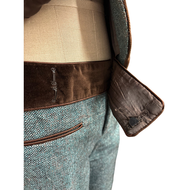 Vintage Nanette Lepore Y2K Suit 3-Piece Set Jacket Pants Skirt Blue Tweed Wool Brown Velvet Trim Suit Fundraiser for Sustainable Fashion