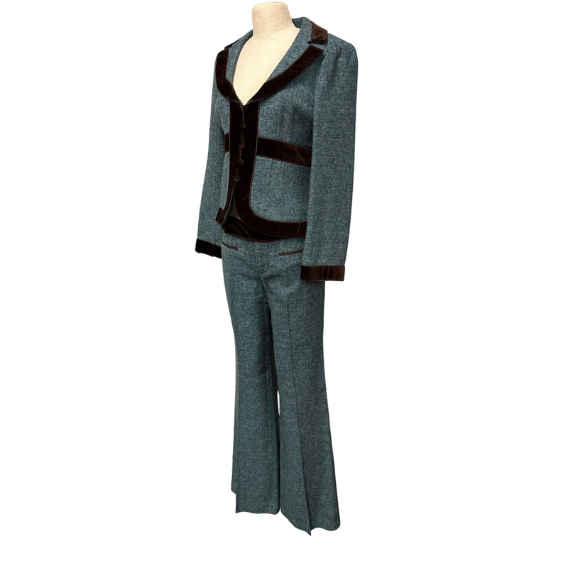Vintage Nanette Lepore Y2K Suit 3-Piece Set Jacket Pants Skirt Blue Tweed Wool Brown Velvet Trim Suit Fundraiser for Sustainable Fashion