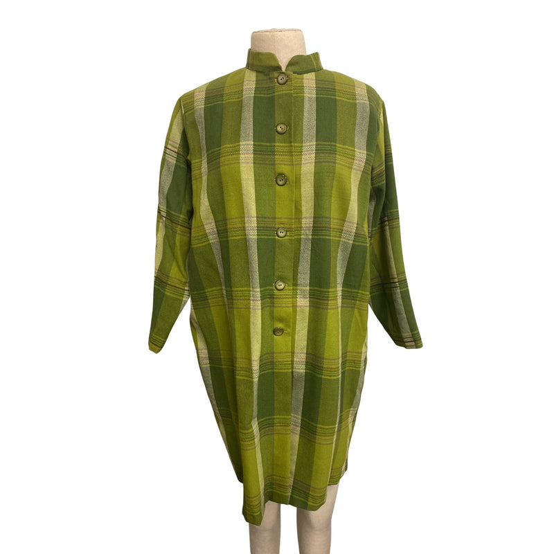 Vintage Handmade Green Plaid Tunic Dress With Mandarin Collar and 3/4 Sleeves Button-Down Front